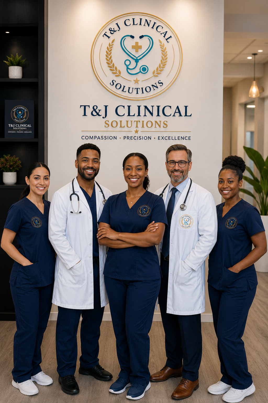 The T&J Clinical Solutions team — nurses and physicians in branded scrubs